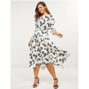Lane Bryant Womens Midi Dress Size 22 White and Black Floral Long Sleeve Assymet